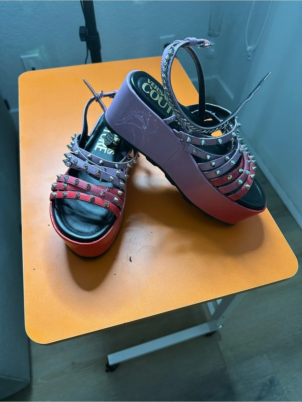 Versace Jeans Collection Pink & Red Studded Platform Sandals